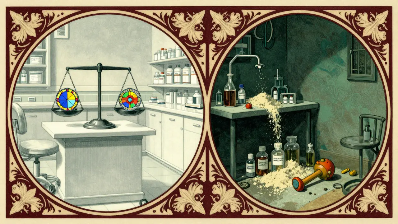 Contrasting safe hospital pharmacy versus risky compounding lab in ornate Art Nouveau style.