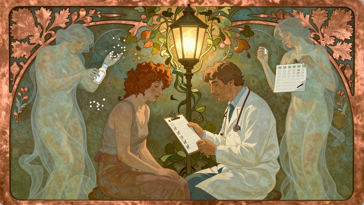 Doctor and patient sharing a checklist under a glowing lantern, with spirits of fatigue and hopelessness drifting nearby.