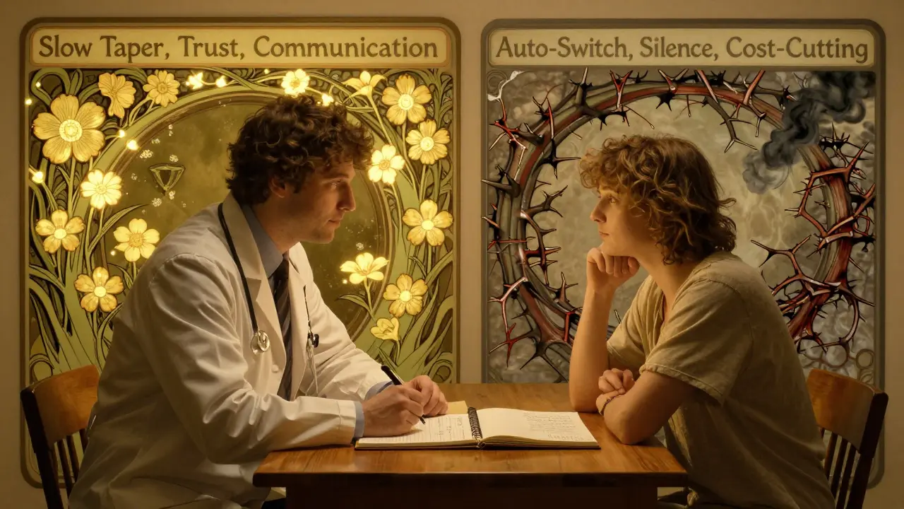 Doctor and patient sit with a journal between them, divided paths showing safe vs. harmful medication transitions.