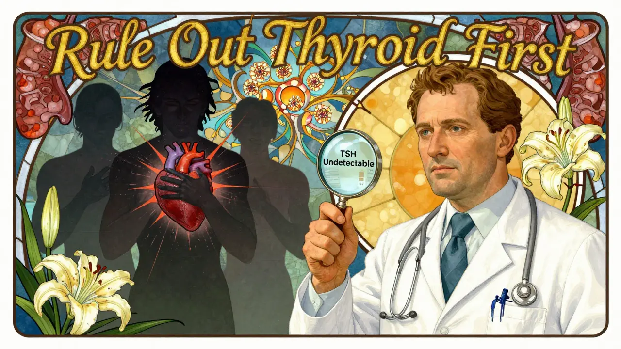 Doctor examining blood test as patients suffer heart explosions, with 'Rule Out Thyroid First' in gilded script.