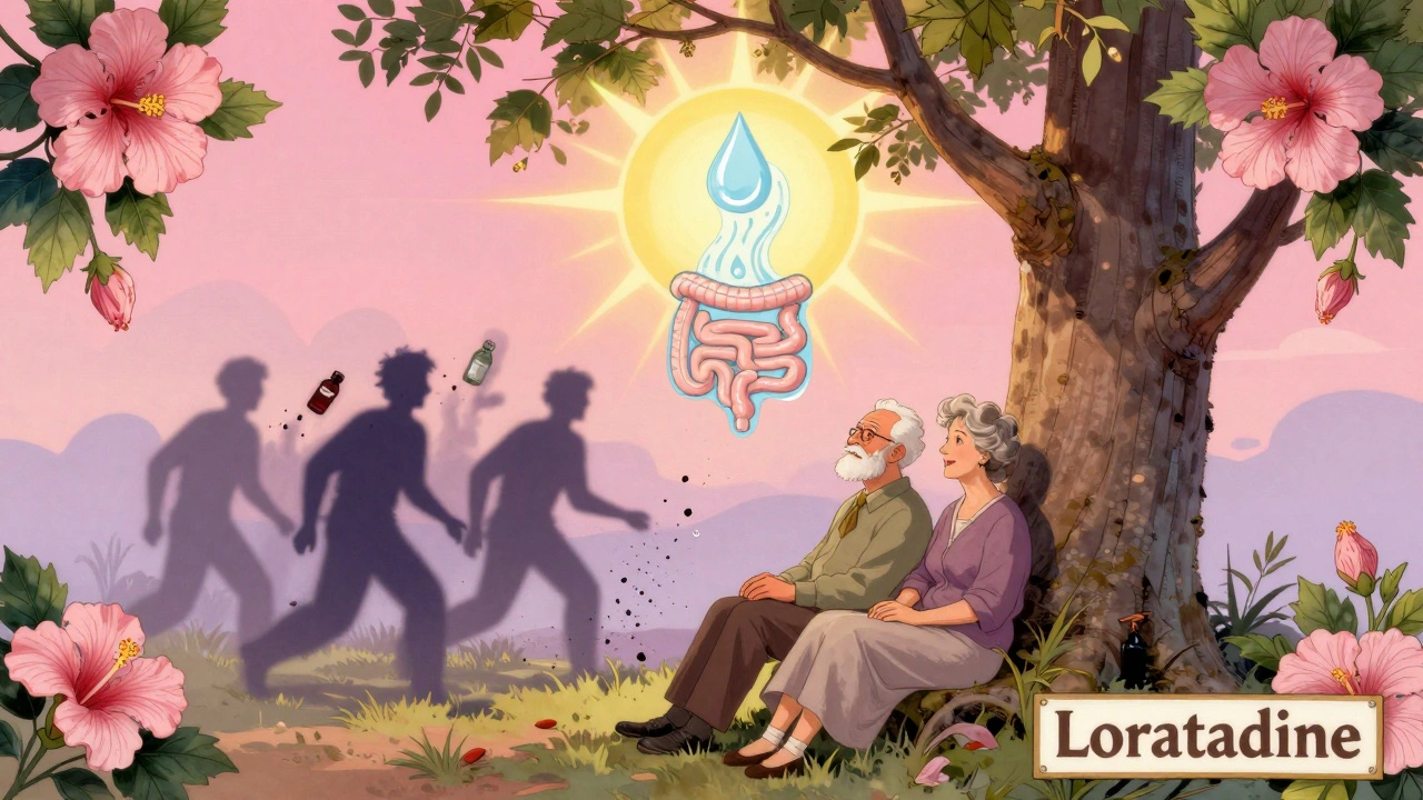 Elderly couple at peace under a loratadine tree, crumbling antihistamine bottles behind them.