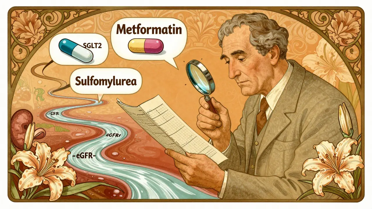 Elderly man examining medical chart with floating diabetes pills and kidney-shaped lilies in ornate design.