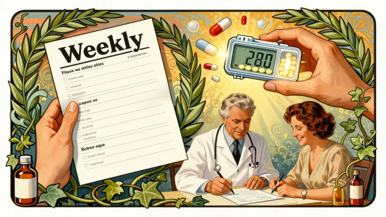 Hybrid medication tracking with paper log and digital box beside doctor and patient
