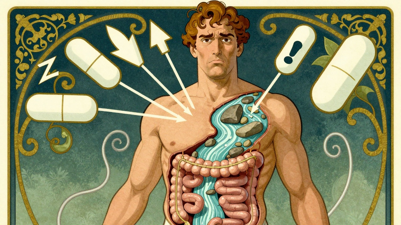 Man with internal digestive system slowed by anticholinergic blocks, ornate floral background.
