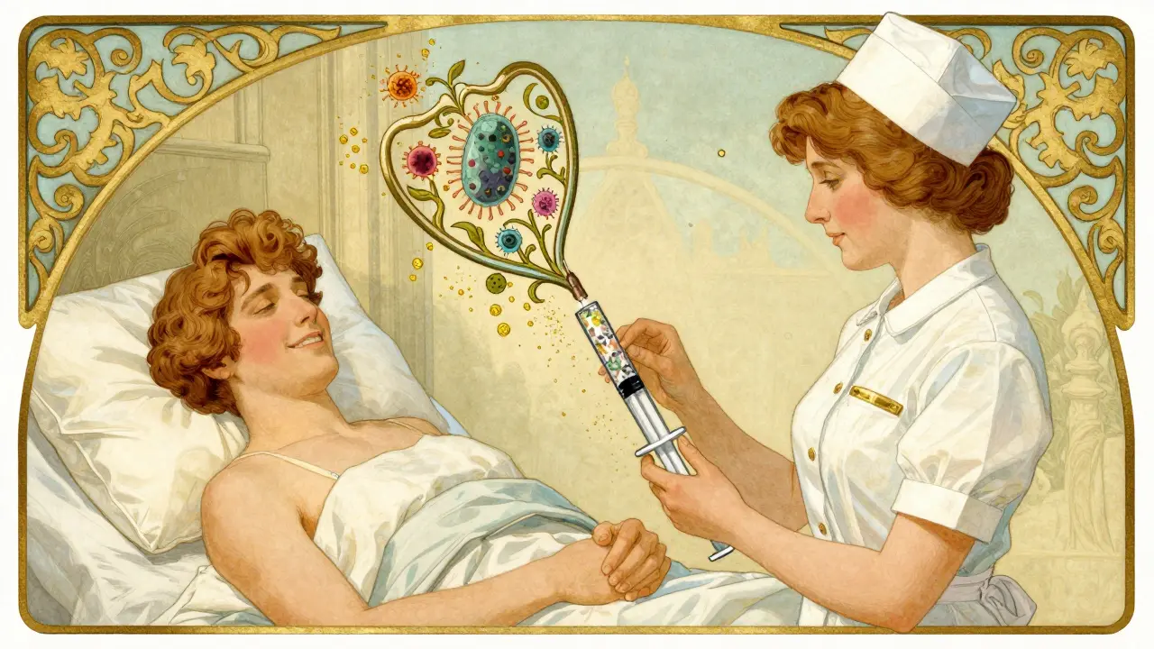 Nurse administering a floral-patterned syringe with bacteria dissolving into golden dust.