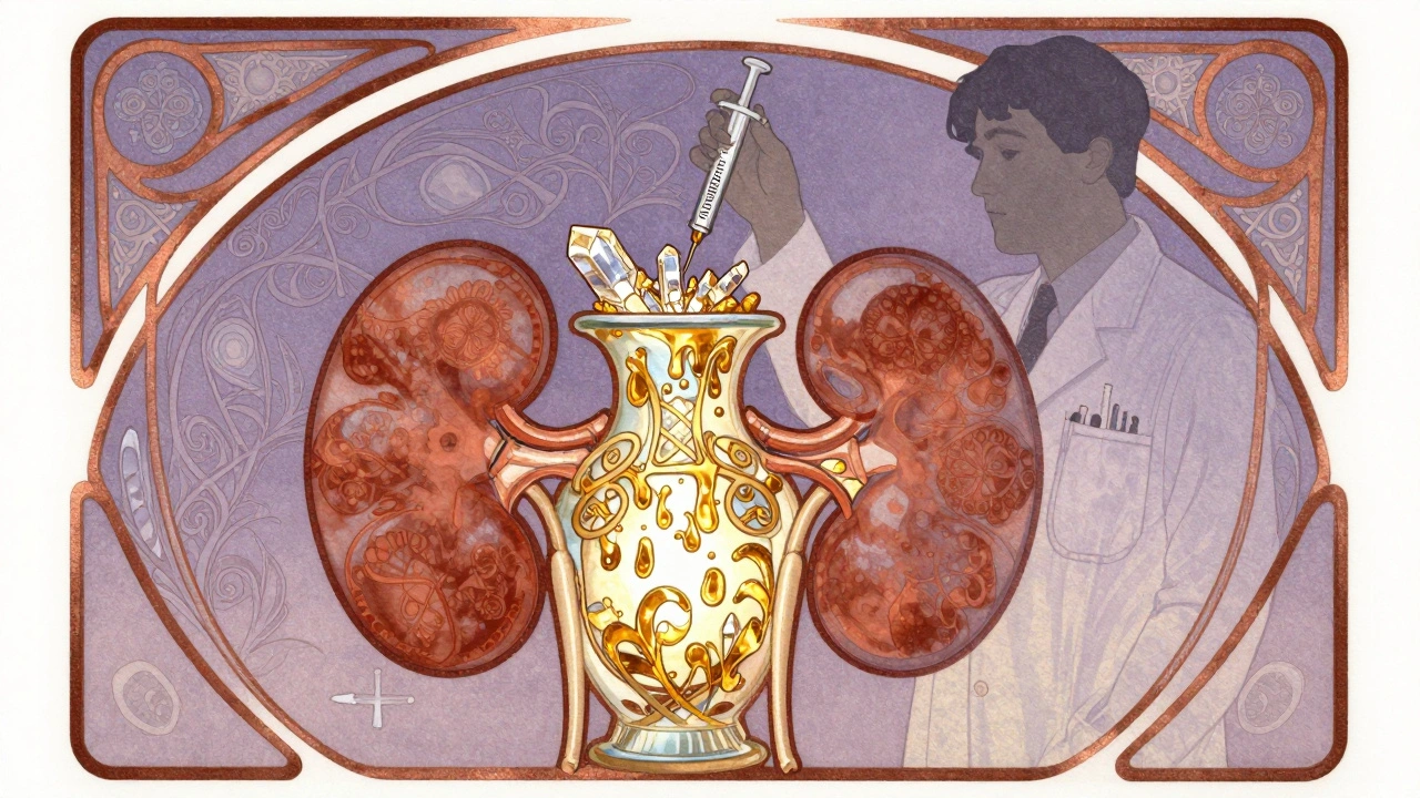 Ornate kidney vase overflowing with potassium crystals, shadowy figure holding trimethoprim syringe.