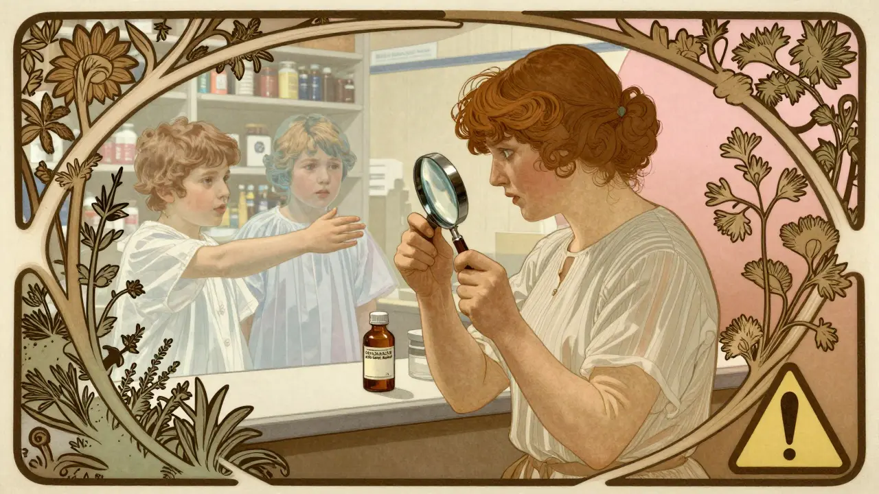 Parent inspecting compounded medicine label while ghostly children reach out in Art Nouveau scene.