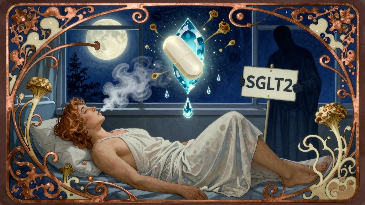 Patient collapsing with fruity vapor rising, SGLT2 pill as a cursed jewel amid yeast spores and dehydration droplets.