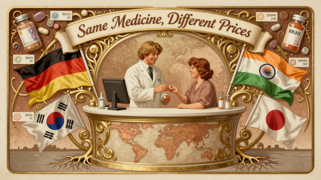 Pharmacist giving a generic pill to a patient amid swirling flags and price tags in Art Nouveau style.