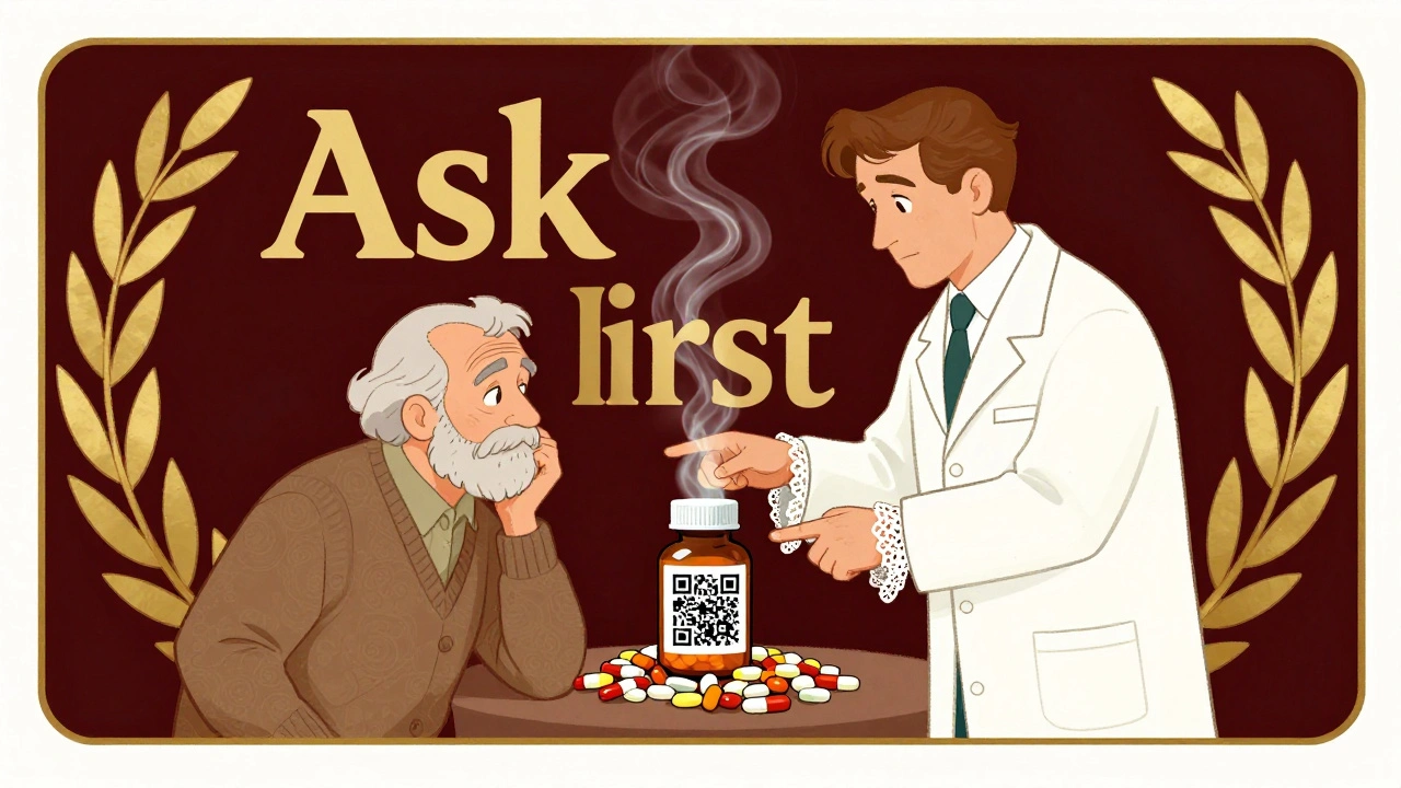 Pharmacist guiding an elderly man away from expired pills toward a QR code