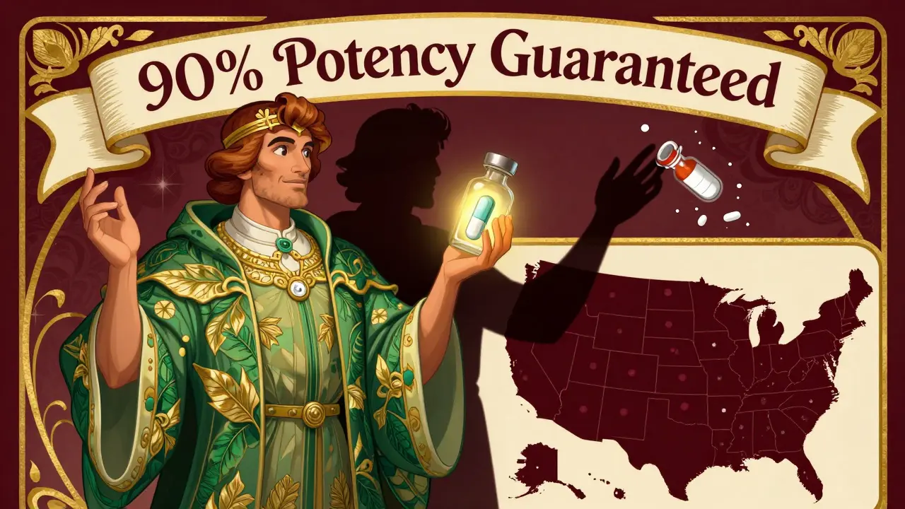 Pharmacist holding a glowing pill as shadowy expired drugs fade behind, in Art Nouveau advertising style.