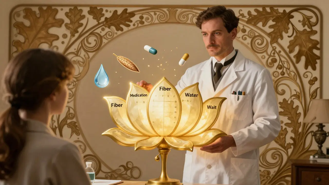 Pharmacist showing a lotus-shaped schedule chart with medication and fiber timing symbols.