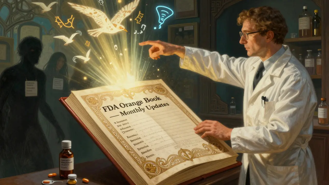 Pharmacist stopping a prescription while opening the FDA Orange Book, with AI alerts as birds above.