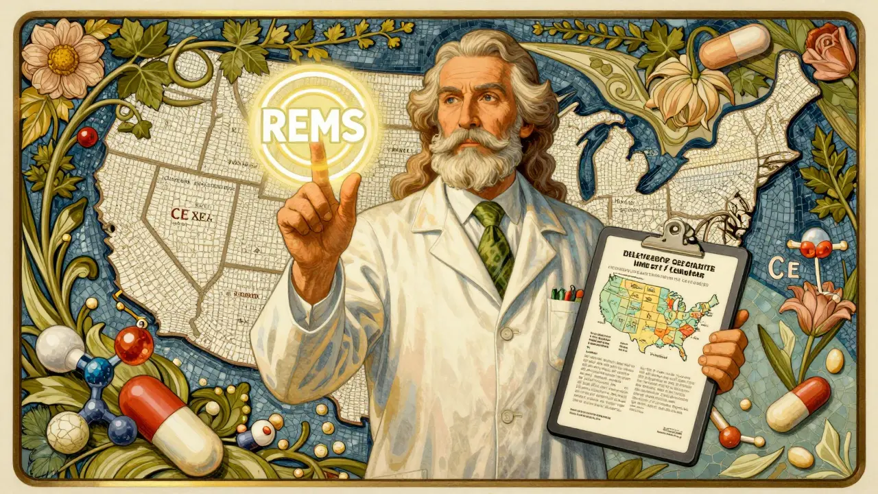 Pharmacist surrounded by floral designs representing state CE laws and biosimilar symbols in Art Nouveau style.