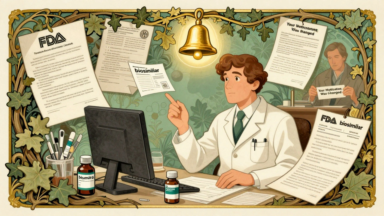 Pharmacist surrounded by legal forms and biosimilar bottles in ornate Art Nouveau setting with notification bell above.