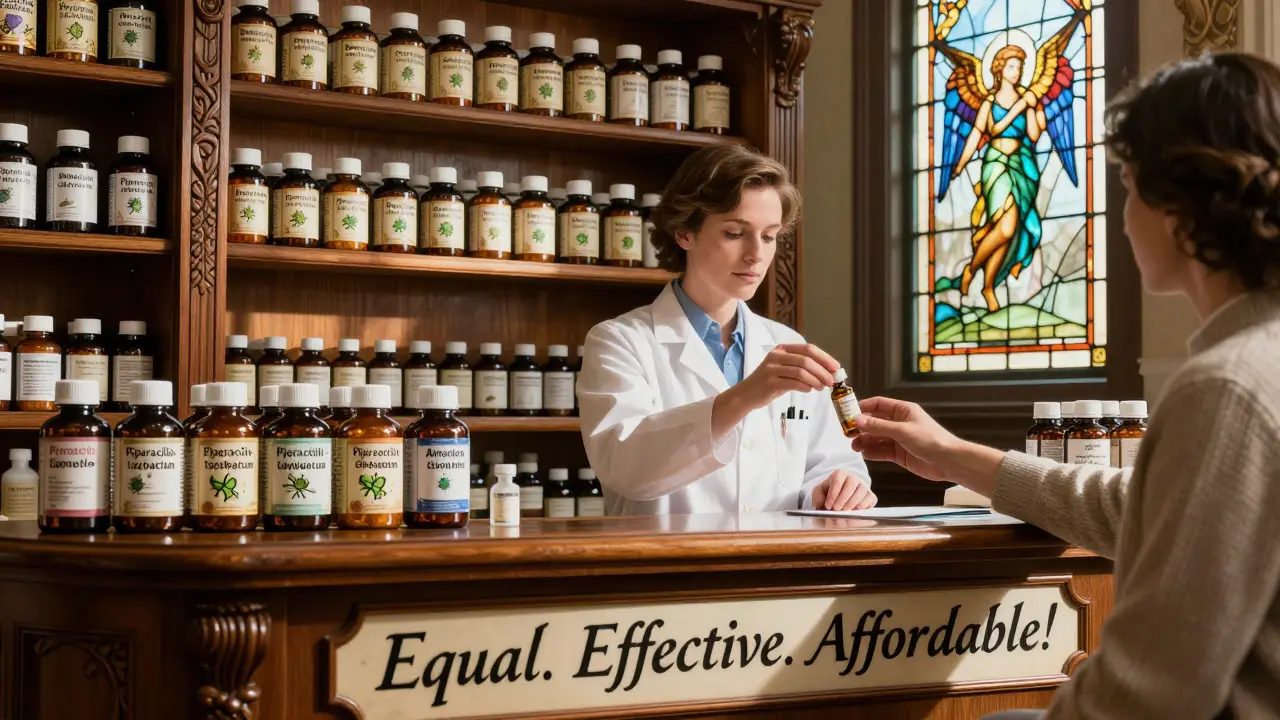 Pharmacy counter with ornate generic antibiotic bottles under stained-glass healing windows.