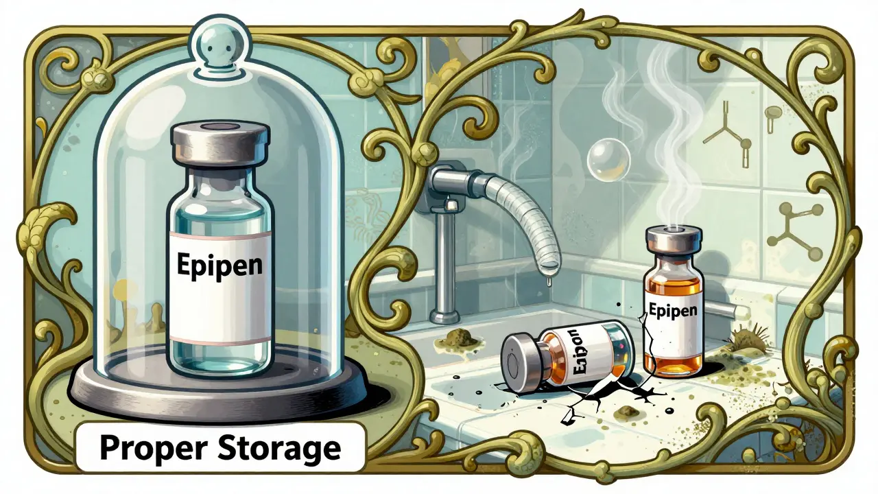 Side-by-side scene of properly stored vs. bathroom-degraded medications in ornate Art Nouveau style.