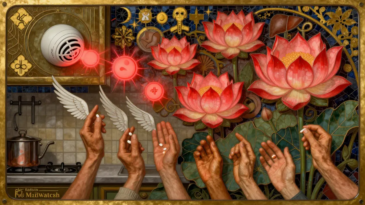 Smoke detector triggers glowing lotus flowers with symptoms, hands offering pills that turn to wings in ornate Art Nouveau style.
