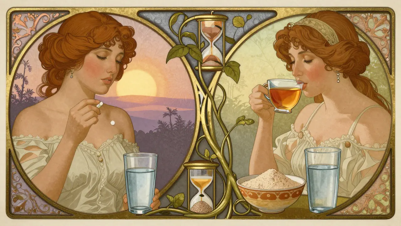 Split-day scene: morning medication and afternoon fiber intake, connected by an hourglass vine.