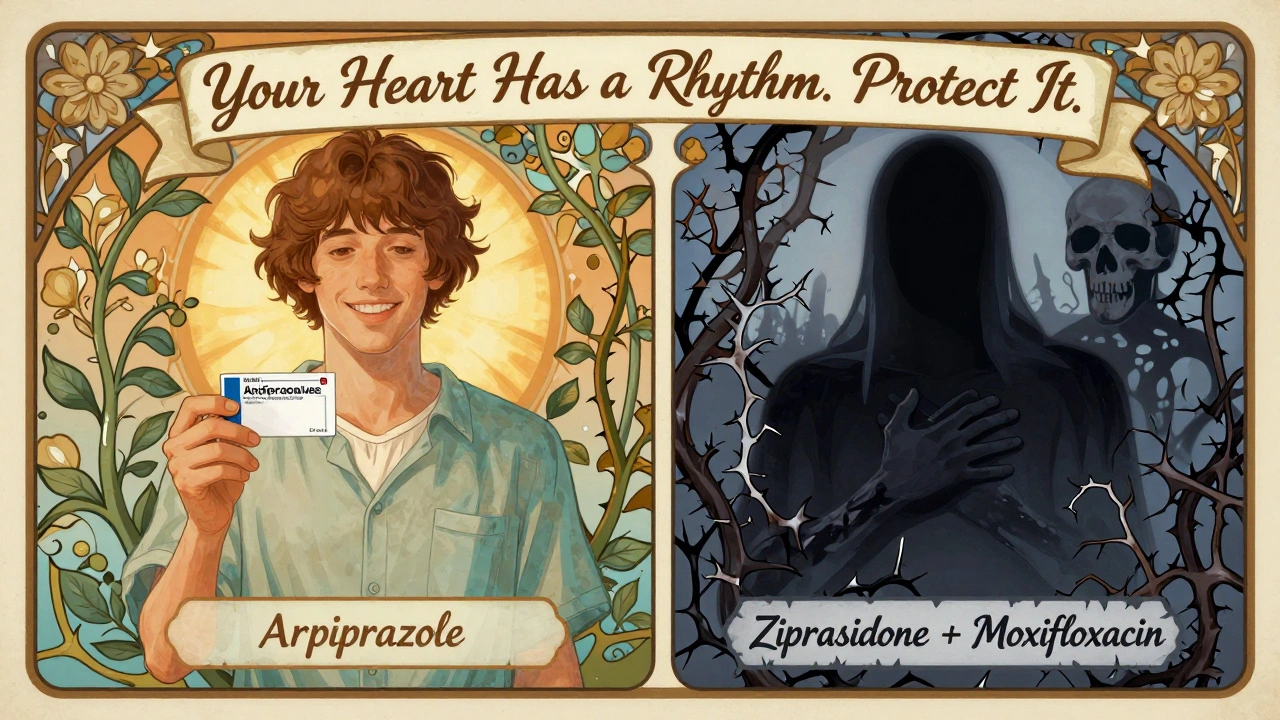 Split illustration: safe medication with sunlight and vines versus dangerous combo with thorns and shadow, in Art Nouveau aesthetic.