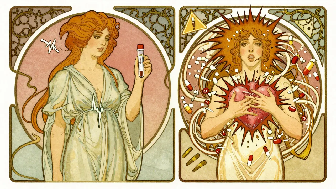 Split image: calm woman with thyroid test vs. frantic version with bursting heart, framed by ornate vines.