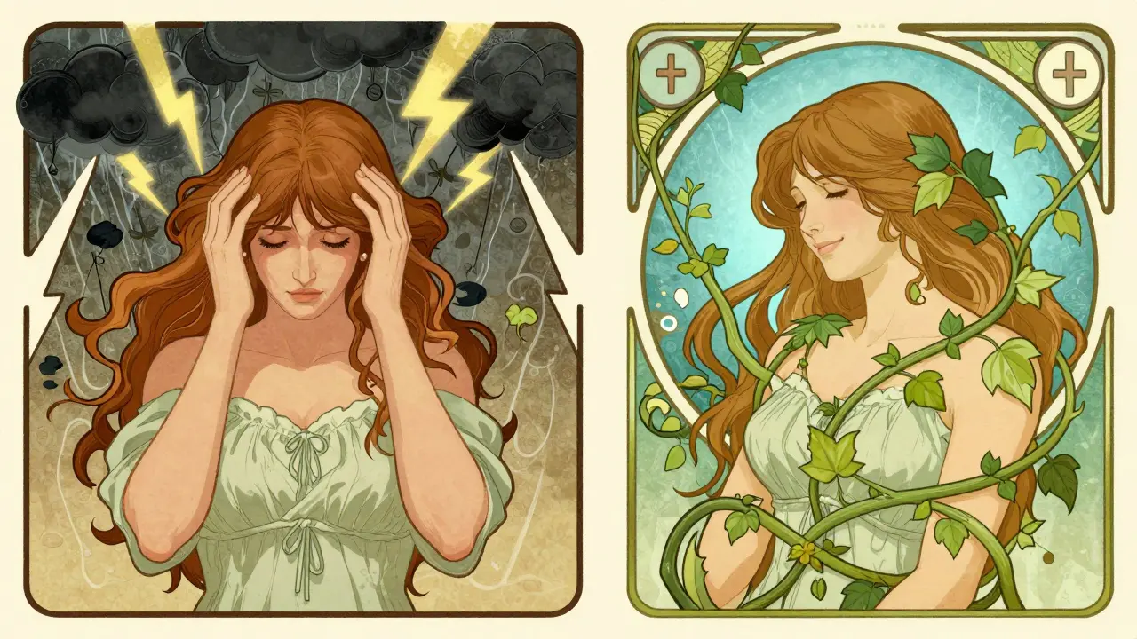 Split image of a woman experiencing menopause symptoms on one side, calm and balanced on the other, with vine-like patches.