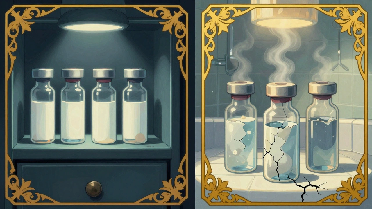 Split image of insulin stored properly versus degraded in a humid bathroom