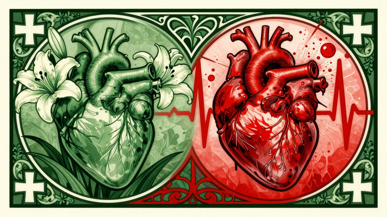 Split-panel heart: one healthy with lilies, one damaged by crimson EKG spikes and toxic ions.