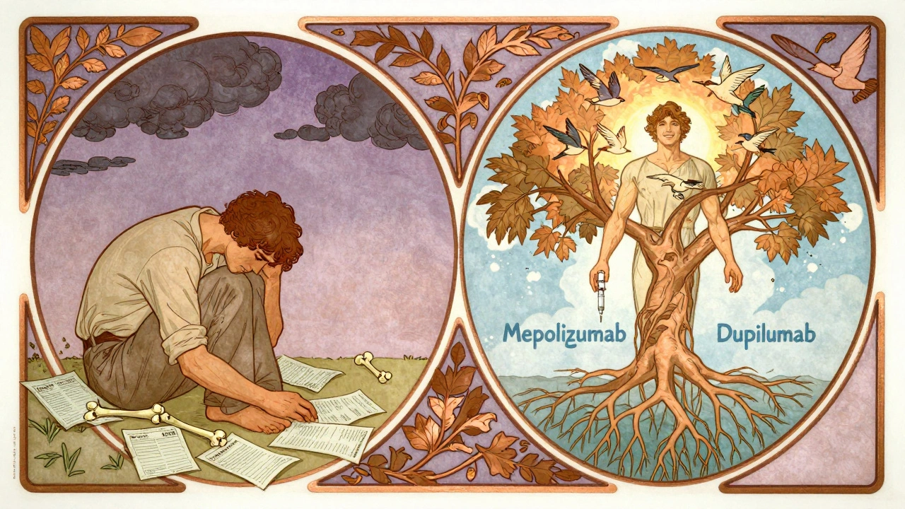 Split scene: a man suffering from steroid side effects vs. thriving with biologic treatment, framed by floral patterns.