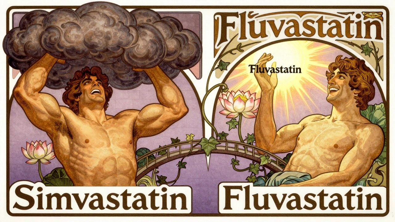 Split scene: man with muscle pain on left, relaxed on right with fluvastatin