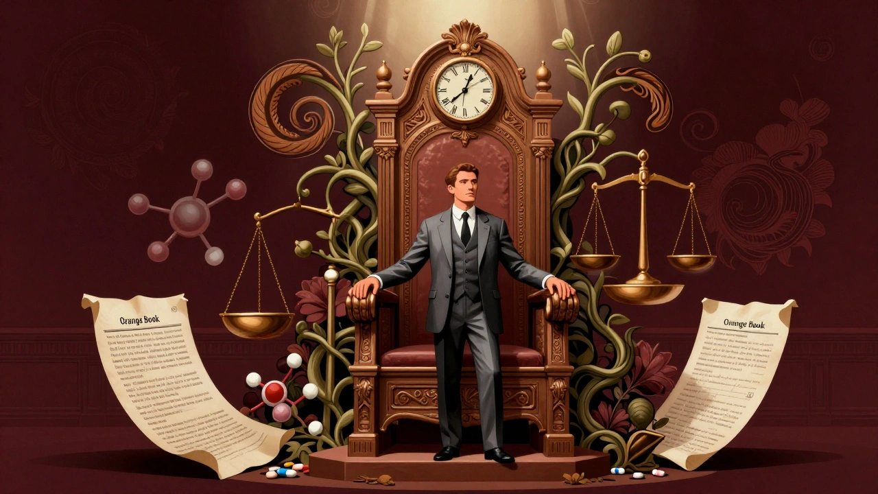 Stylized courtroom scene with the Orange Book as a throne, patent vines, and a clock counting down to 180-day exclusivity.