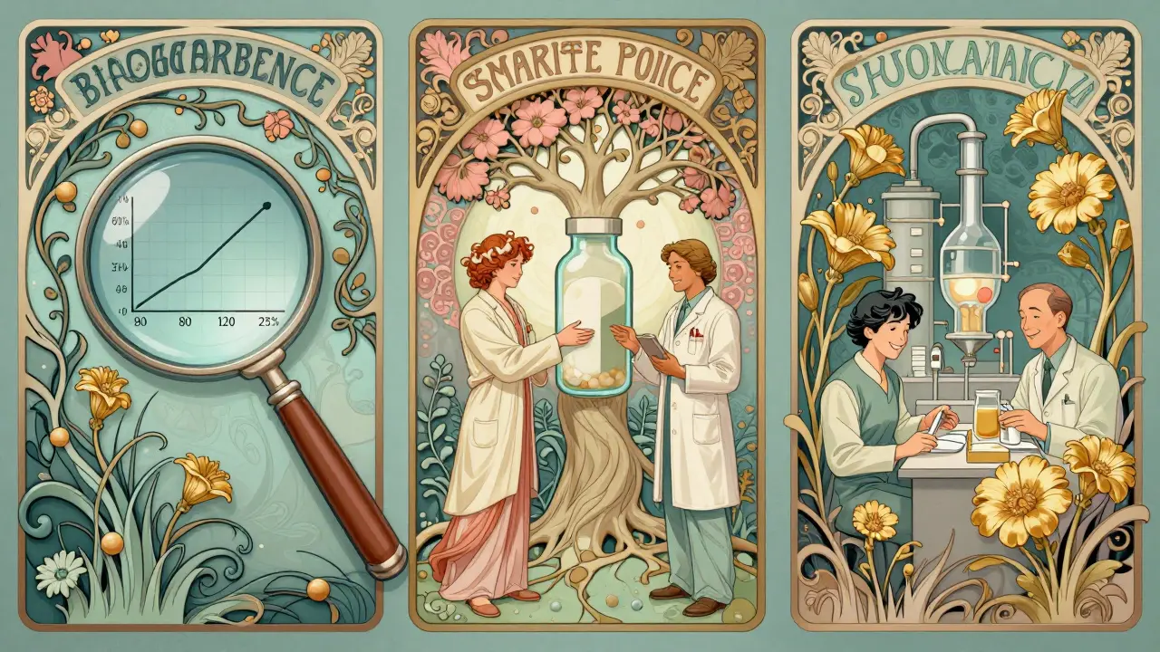 Triptych illustrating bioequivalence, education, and profit margins as flowing natural forms in Art Nouveau.