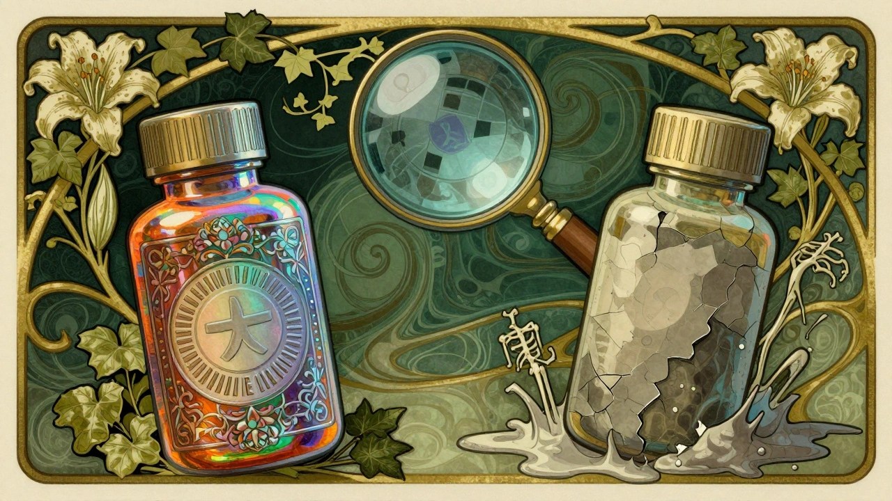 Two pill bottles contrast: one radiant with security features, the other decaying, revealed by a floral magnifying glass.