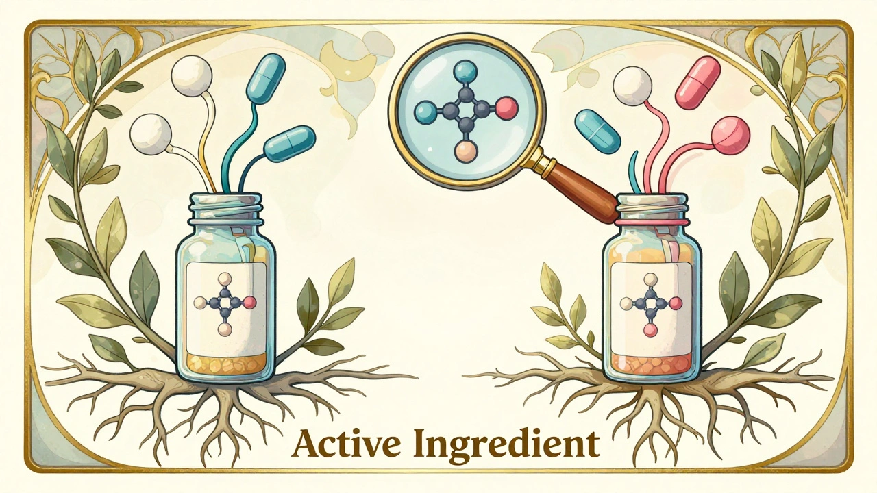 Two pill bottles growing from a shared root, with colorful pills and molecular structures visible under a magnifying glass.