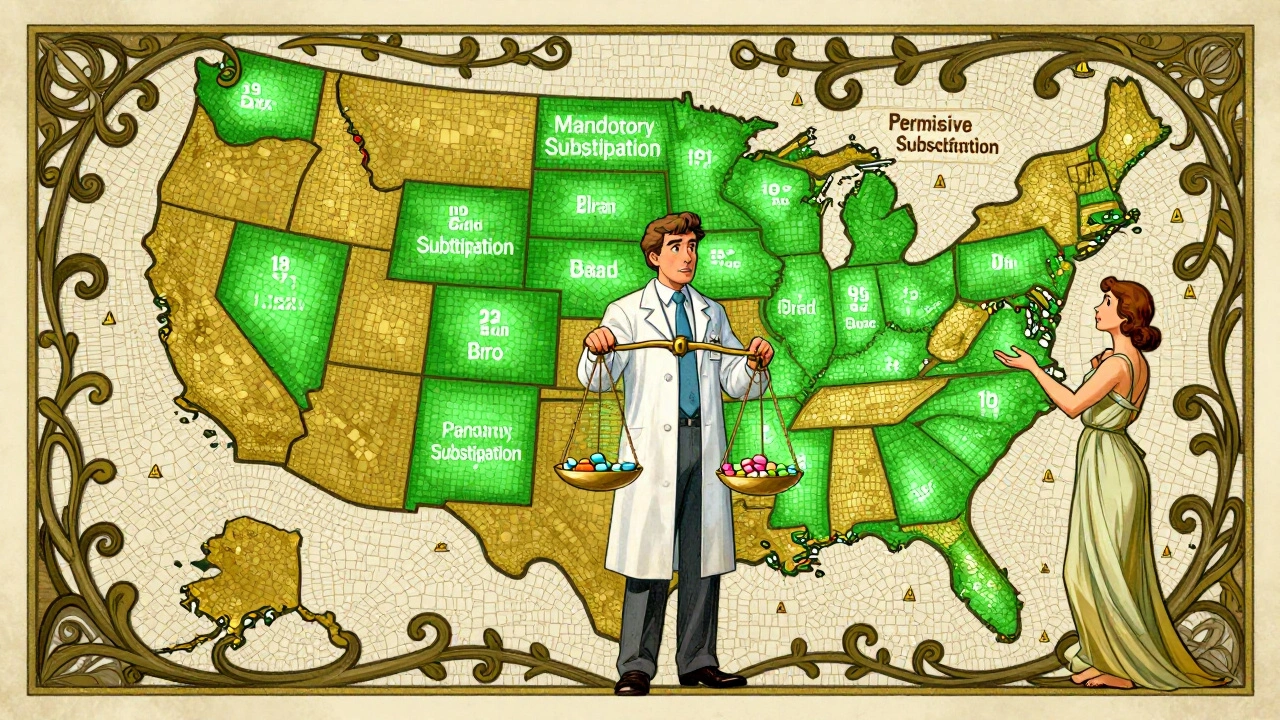 U.S. map floor showing states with mandatory vs. permissive generic substitution laws, pharmacist balancing pills in center.