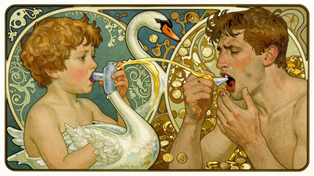 A child using a swan-shaped spacer while another person wastes medication, depicted in ornate Art Nouveau style.