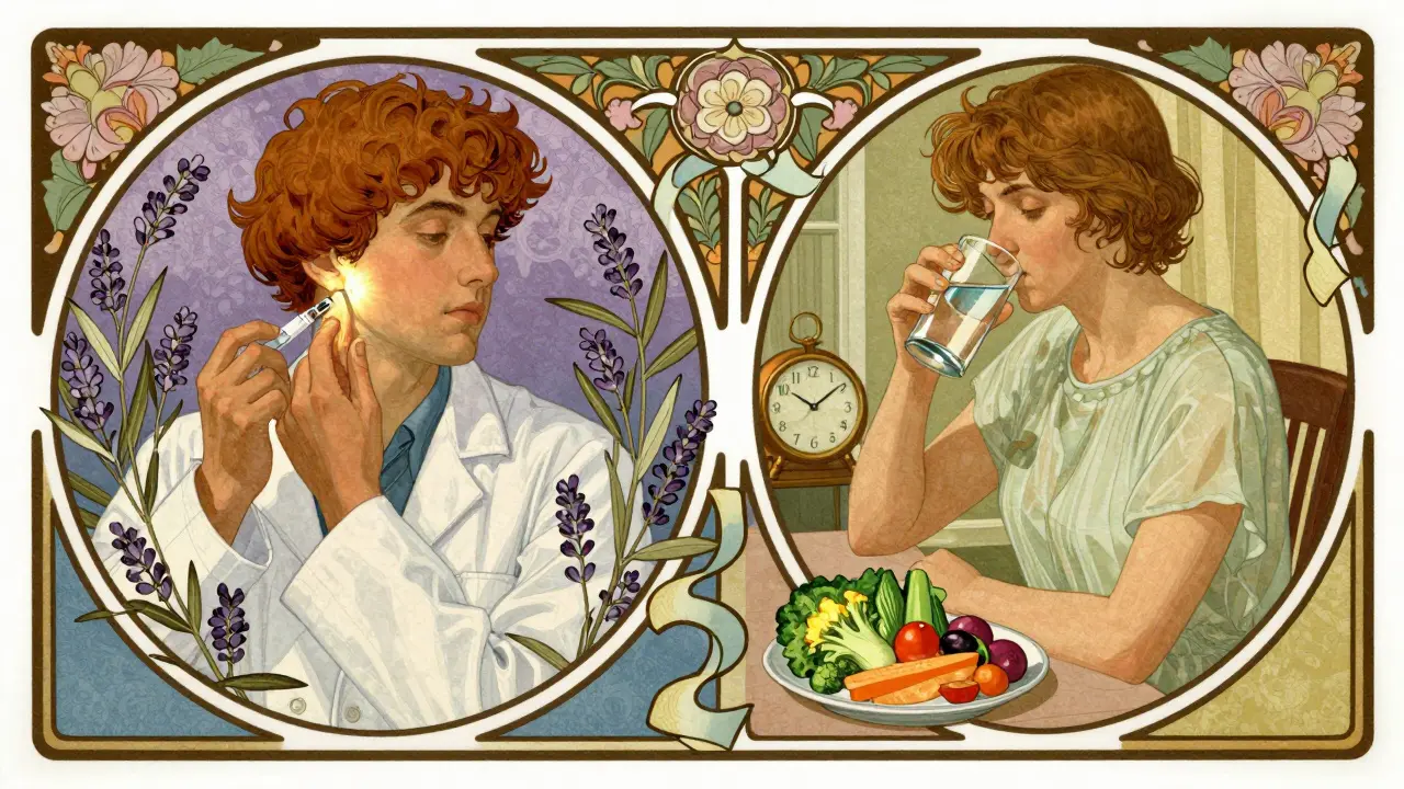 A doctor administering ear injection beside a healthy meal, framed by floral healing motifs.