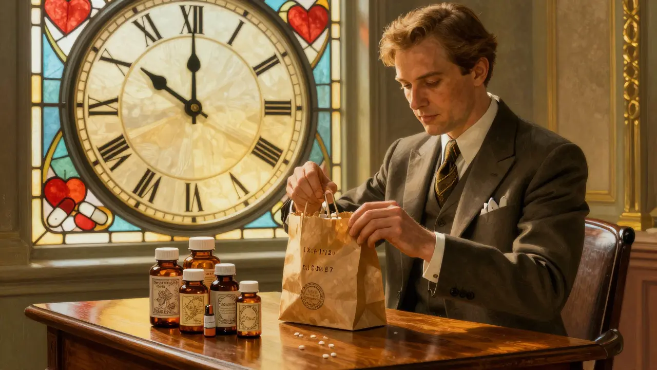 A doctor opening a brown bag of pill bottles under golden light, with floral engravings on each container.