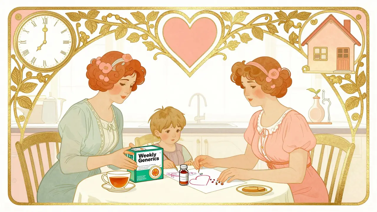 A family sits at a kitchen table with a delivered medication box, surrounded by vines forming symbolic shapes.