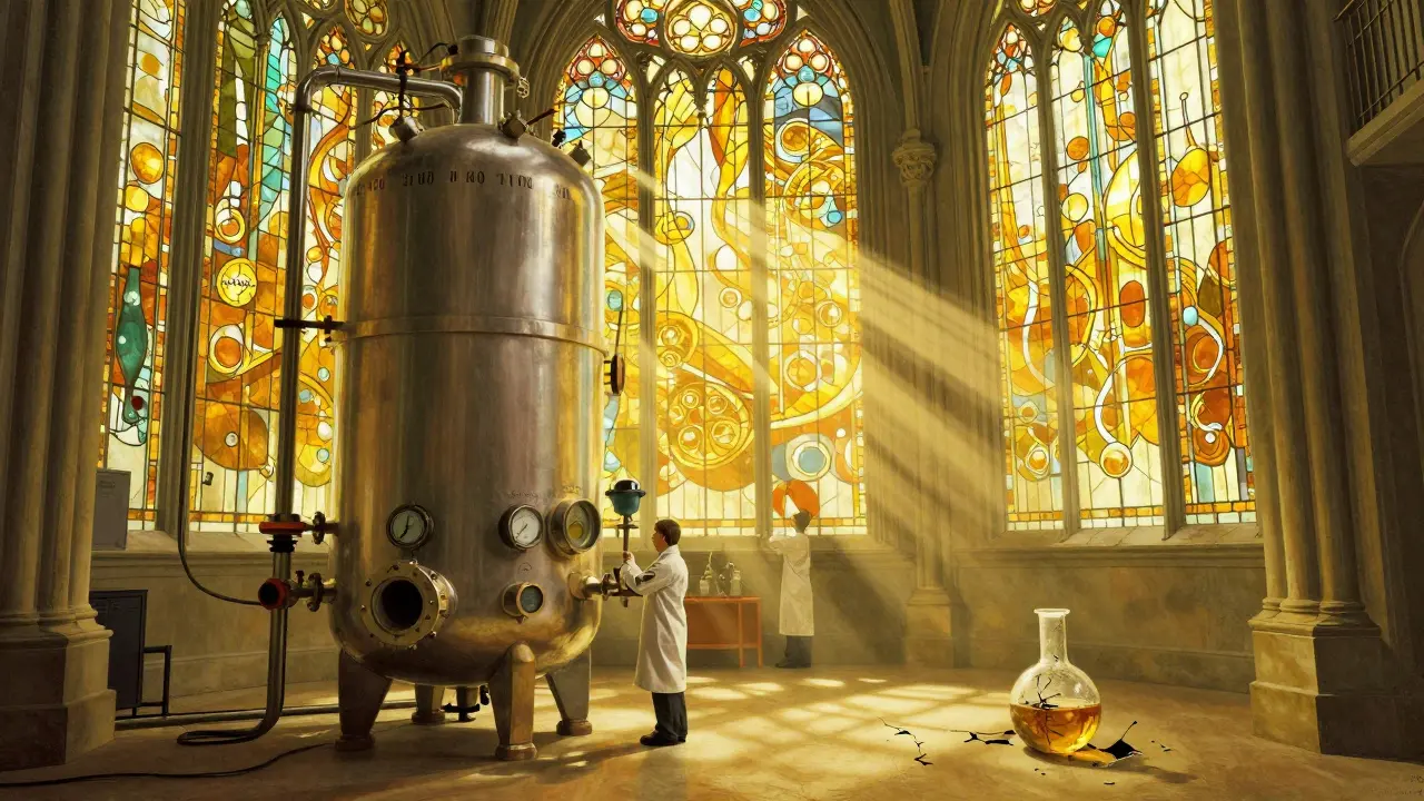 A grand bioreactor cathedral with glowing nutrient flows, dwarfing a cracked small flask on the floor.