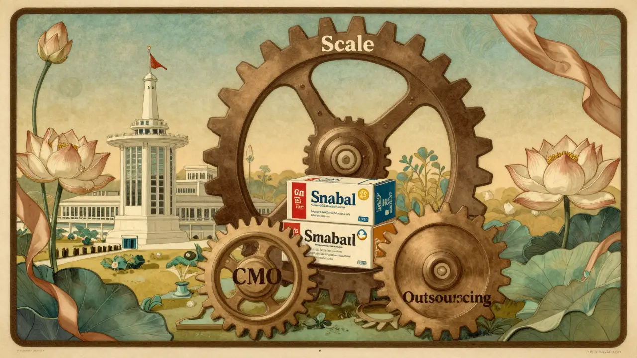 A large gear crushing brand-name drug boxes, with smaller gears and stylized plants symbolizing outsourcing and scale.