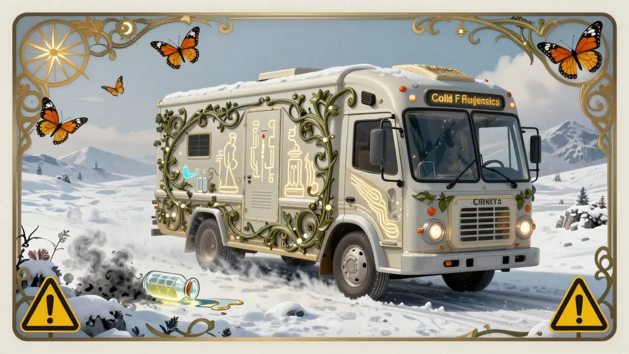 A luxurious cold chain transport with vines and runes, one broken vial spilling glowing liquid that turns to ash.