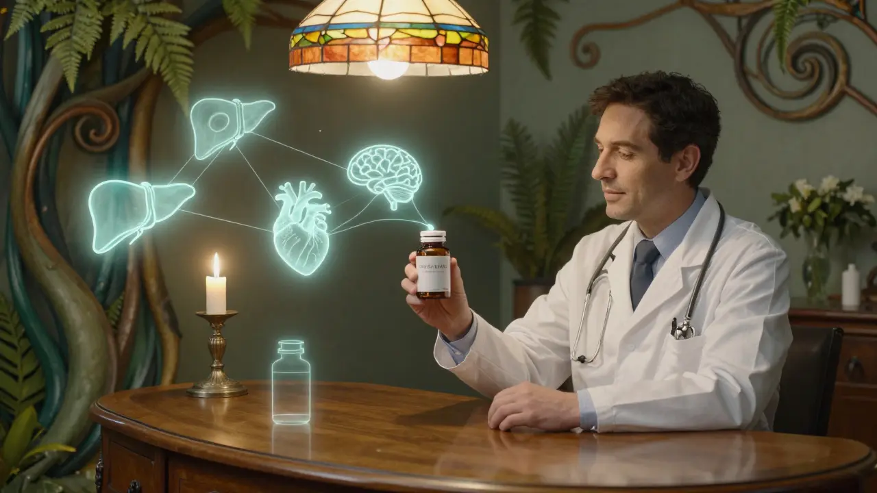 A patient gives a supplement bottle to a doctor, with symbolic organs linked by glowing threads, in elegant Art Nouveau style.