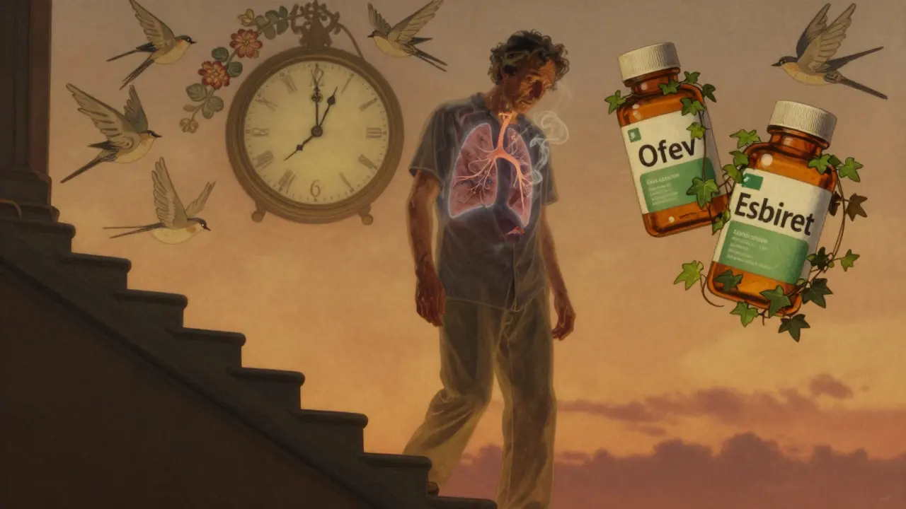 A person walking upstairs with visible scarred lungs, pill bottles wrapped in ivy, bathed in warm amber light.