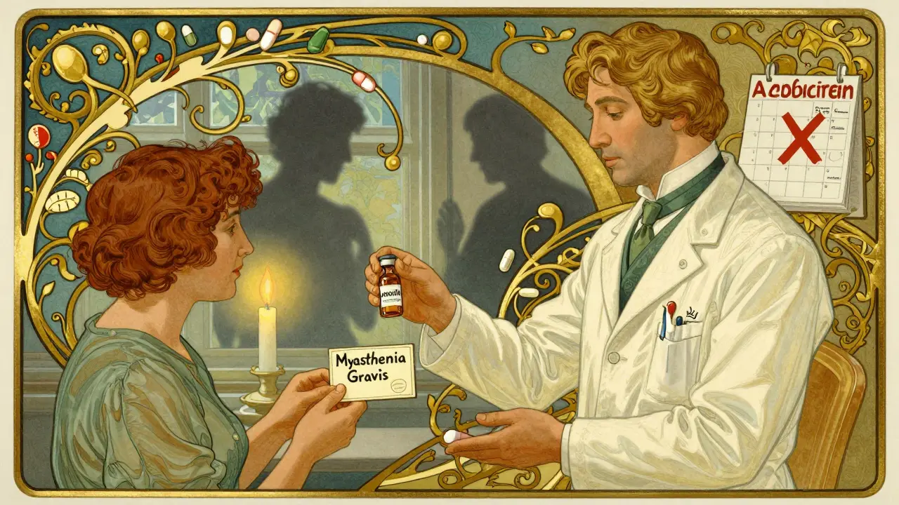 A pharmacist hands a penicillin vial to a myasthenia gravis patient, with safe antibiotics as protective vines.