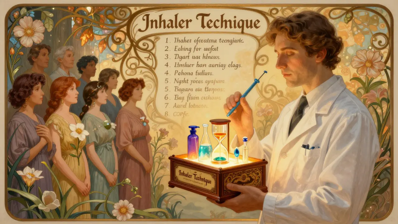 A pharmacist presenting spacers and breath-hold tools as patients transform into blooming flowers.