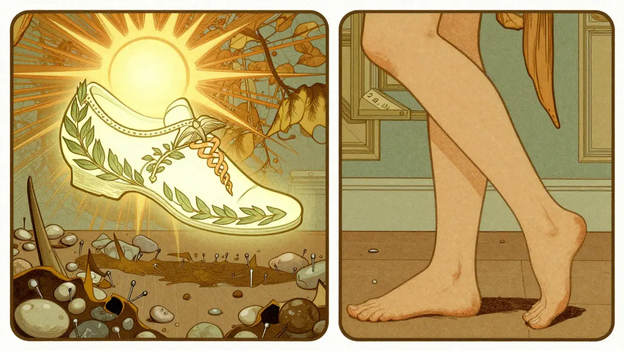 A protective shoe hovers above dangerous floor hazards, illustrated in flowing Art Nouveau style with golden sun rays above.