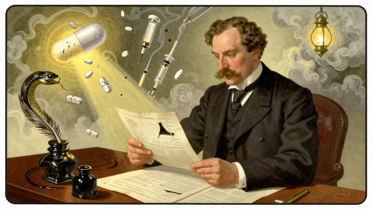 A Qualified Person reviewing test reports with swirling chromatograms as serpents in a lavish laboratory.