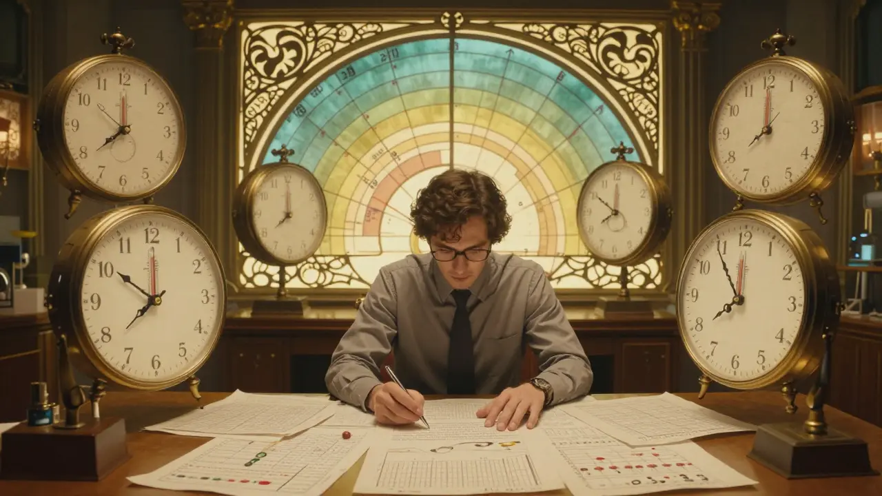 A scientist surrounded by floating clocks shaped like thermometers, representing months of stability testing in Art Nouveau style.
