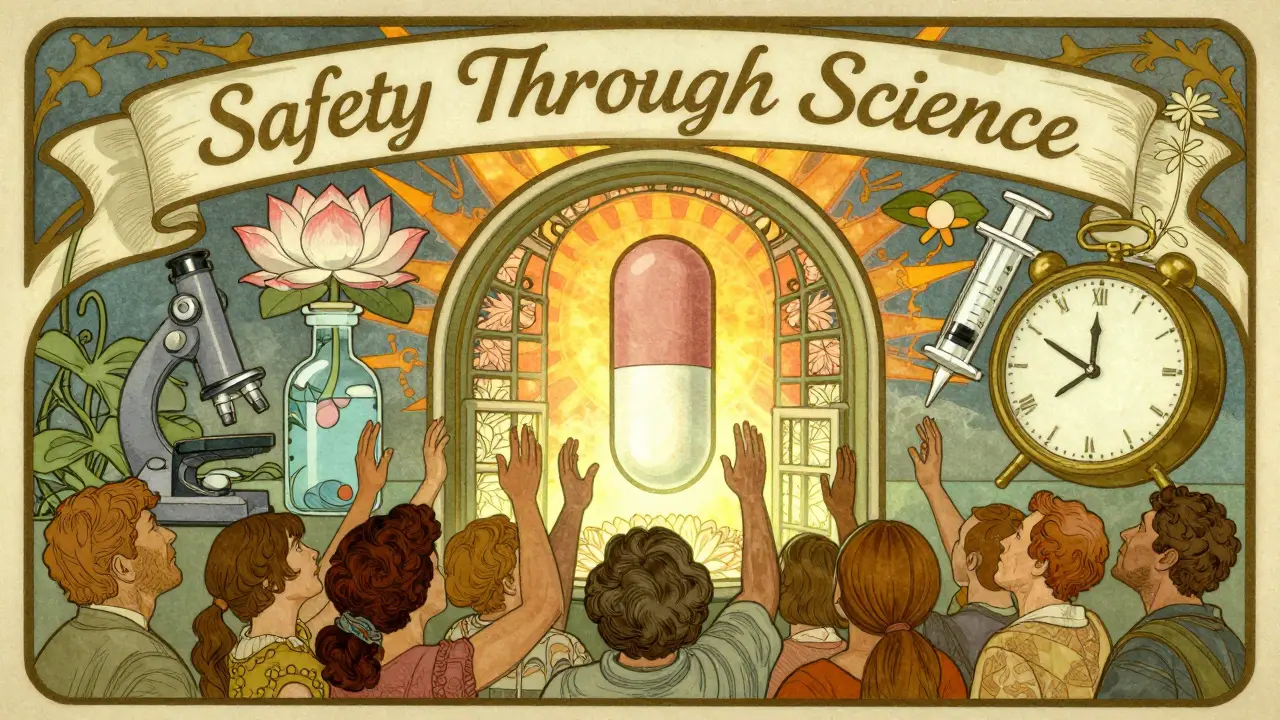 A single pill emerging from a floral release gate surrounded by scientific icons and hopeful patients.